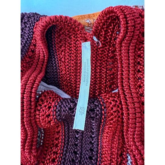 Free People Katie Crochet Mini Dress Red Pink Knit Orange Bandana Skirt Boho XS - Picture 7 of 16